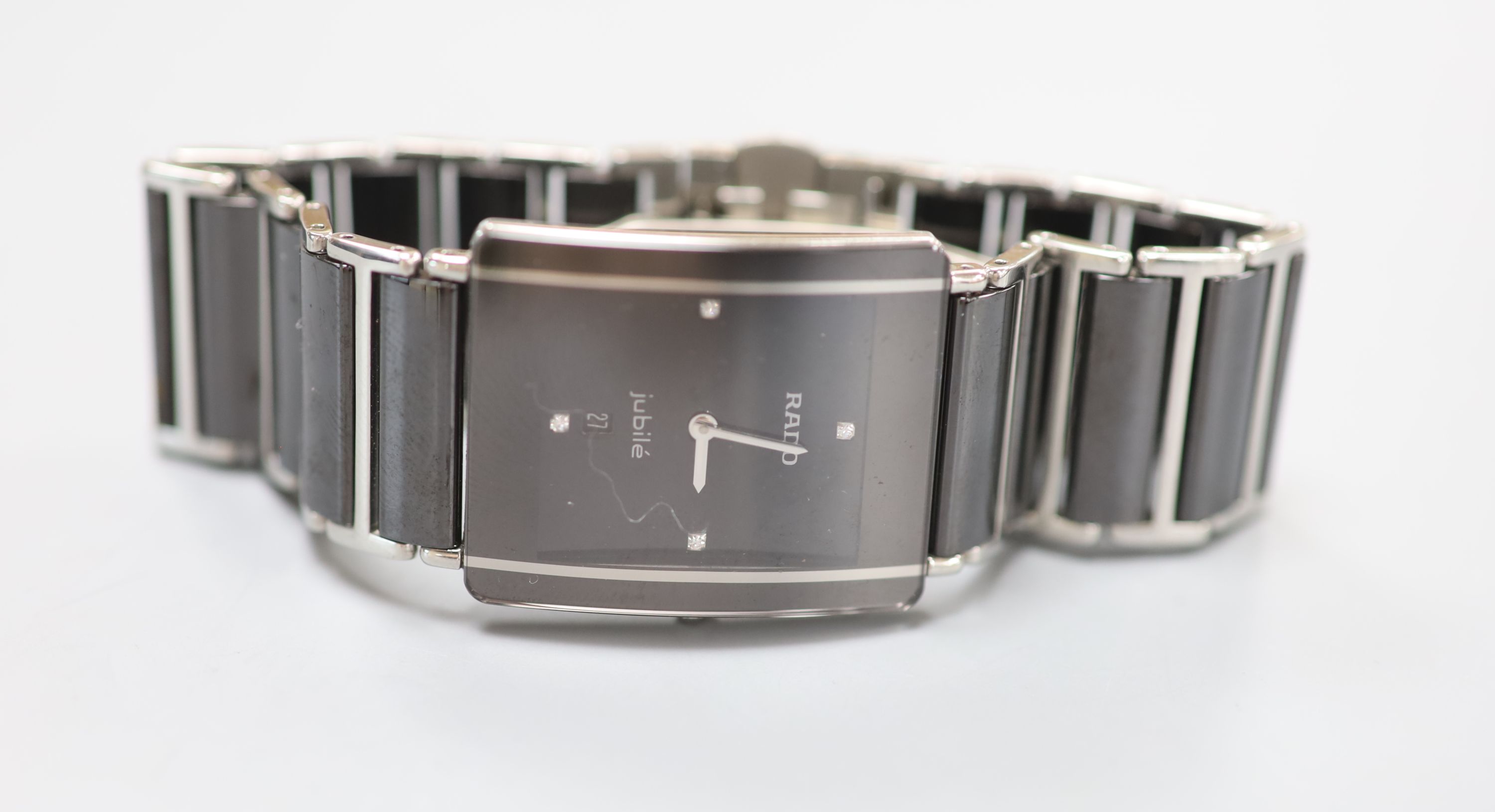 A modern steel and ceramic Rado Jubile quartz wrist watch, with quarterly markers, case diameter 27mm.